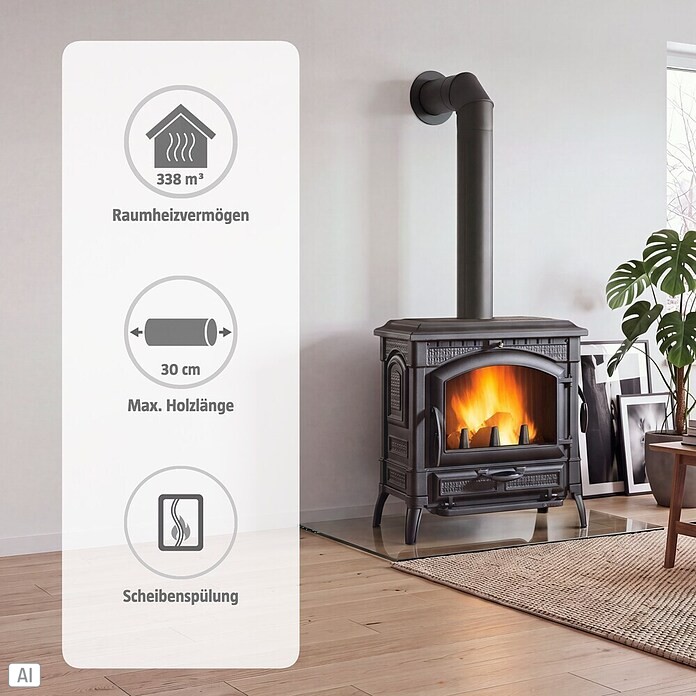 La Nordica Kaminofen Isotta Evo (11,9 kW, Raumheizvermögen: 338 m³, Ohne Kochplatte, Schwarz)