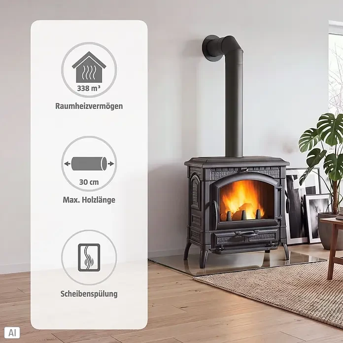 La Nordica Kaminofen Isotta Evo - 14,5 kW, Ohne Kochplatte, Raumheizvermögen: 338 m³, Material Verkleidung: Stahl, Schwarz - Schwarzer Kaminofen aus Gusseisen mit brennendem Feuer heizt ein modernes Wohnzimmer.