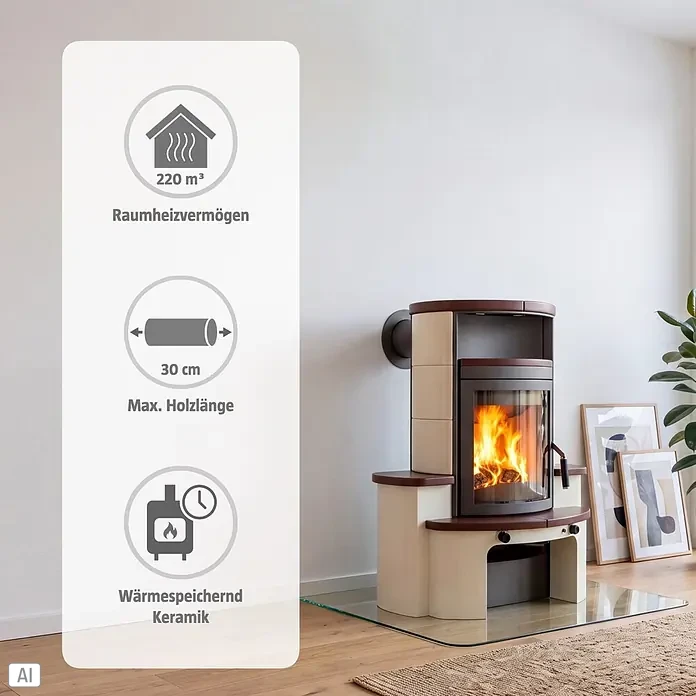 Hark Kaminofen Avenso GT ECOplus - 8 kW, Raumheizvermögen: 220 m³, Material Verkleidung: Keramik, Jola-Braun - Moderner Kaminofen aus creme-brauner Keramik mit sichtbarer Flamme, hebt 220 m³ Raumheizvermögen, max. 30 cm Holzlänge und Wärmespeicherkeramik hervor.