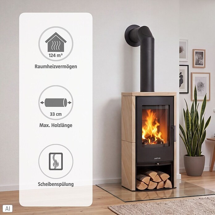 Justus Kaminofen Reno R (6 kW, Raumheizvermögen: 124 m³, Verkleidung: Sandstein, Schwarz)