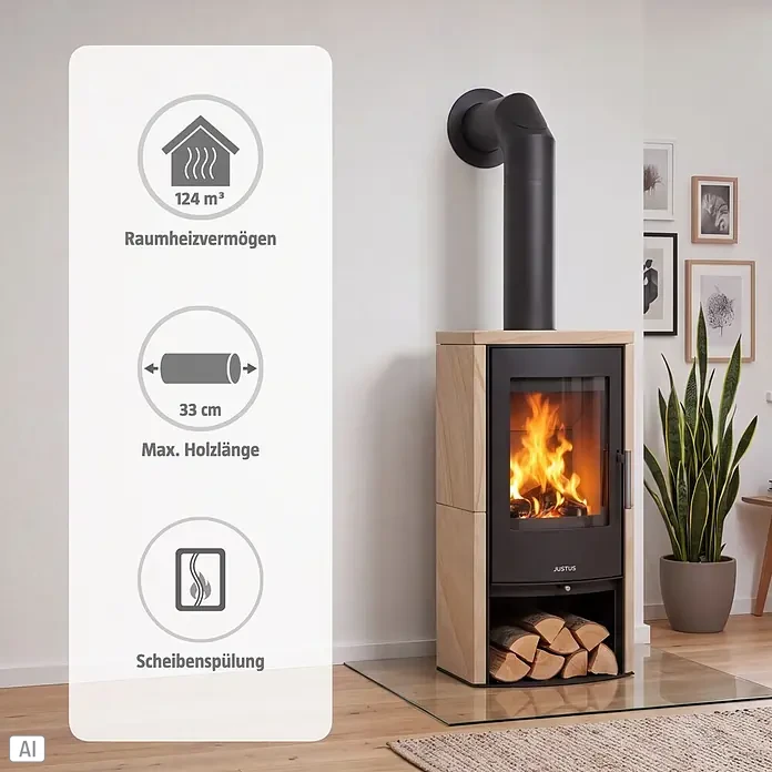 Justus Kaminofen Reno R - 6 kW, Raumheizvermögen: 124 m³, Material Verkleidung: Sandstein, Sandstein/Schwarz - Moderner Kaminofen aus hellem Holz und schwarzem Metall mit sichtbarem Feuer und Holzscheiten darunter.