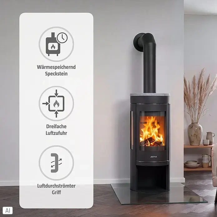 Justus Kaminofen Mino Trios 2.0 - 5,5 kW, Raumheizvermögen: 88 m³, Farbe Verkleidung: Speckstein, Schwarz - Schwarzer Kaminofen mit grauer Steinplatte und brennendem Feuer, für effiziente Wärmespeicherung.