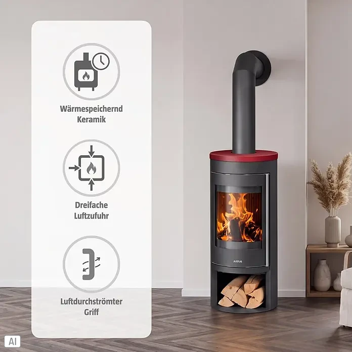 Justus Kaminofen Mino 2.0 - 5,5 kW, Raumheizvermögen: 88 m³, Farbe Verkleidung: Bordeauxrot, Schwarz - Moderner anthrazitfarbener Kaminofen mit rotem Deckel und schwarzem Rauchrohr, brennendem Holz innen und Holzscheiten darunter. Merkmale im Overlay erklärt.