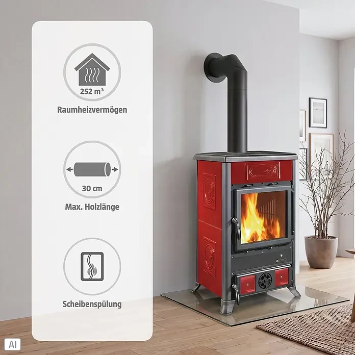 La Nordica Kaminofen Rosella R1 - 11 W, Raumheizvermögen: 252 m³, Material Verkleidung: Keramik, Schwarz/Bordeaux - Roter Kaminofen mit schwarzem Ofenrohr, aktives Feuer, in einem Raum mit Produktmerkmale-Overlay.
