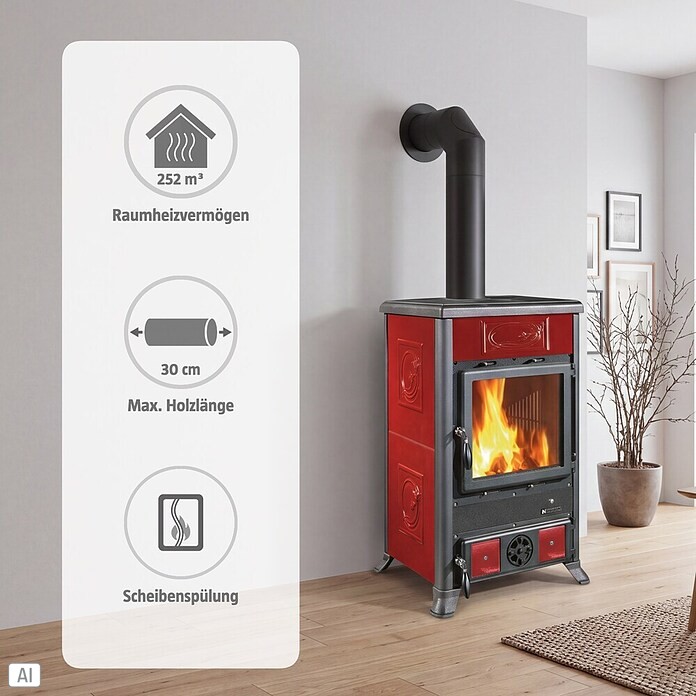 La Nordica Kaminofen Rosella R1 (8,8 kW, Raumheizvermögen: 252 m³, Verkleidung: Keramik, Schwarz/Bordeaux)
