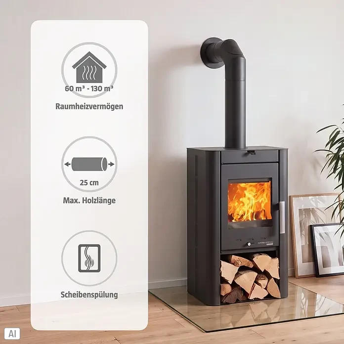 Haas+Sohn Kaminofen Prunus II - 6,4 kW, Raumheizvermögen: 60 m³ - 130 m³, Stahl, Schwarz - Dunkelgrauer Holzofen mit sichtbarem Feuer und Holzfach, verbunden mit einem schwarzen Ofenrohr.