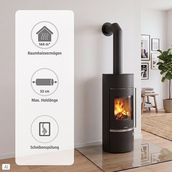 Justus Kaminofen Faro W+ 2.0 (7 kW, Raumheizvermögen: 144 m³, Material Abdeckung: Stahl, Schwarz)