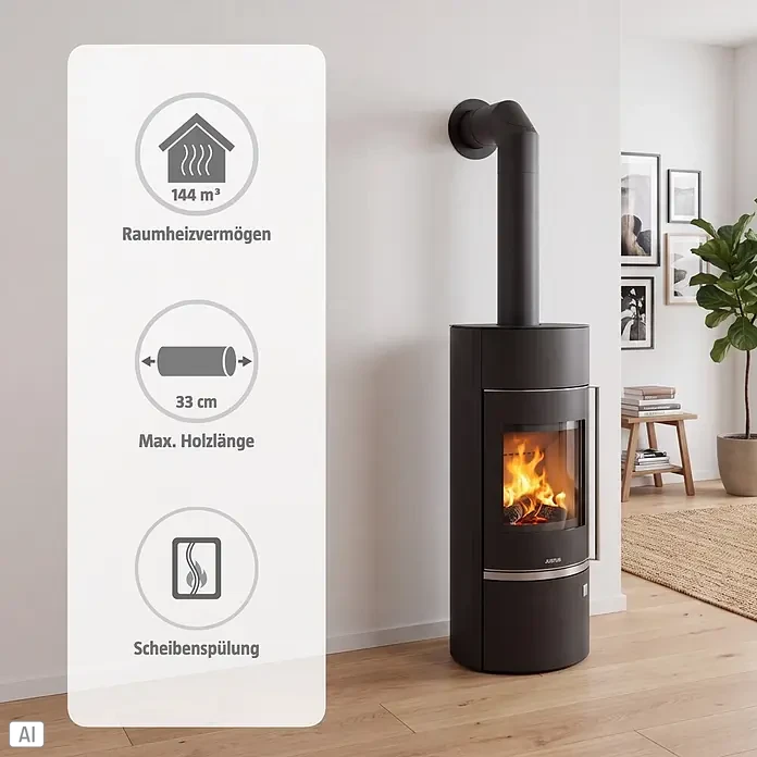 Justus Kaminofen Faro W+ 2.0 - 7 kW, Raumheizvermögen: 144 m³, Verkleidung: Stahl, Schwarz - Schwarzer Kaminofen mit brennendem Holz und Infografik zu Heizleistung (144 m³), max. Holzlänge (33 cm) und Scheibenspülung.