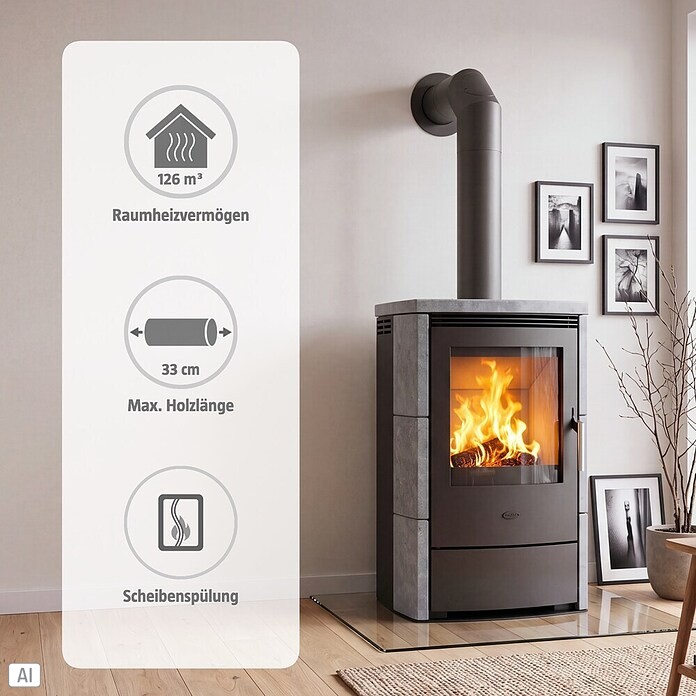 Fireplace Dauerbrandofen Meltemi (7 - 8 kW, Raumheizvermögen: 126 m³, Verkleidung: Speckstein, Gussgrau)