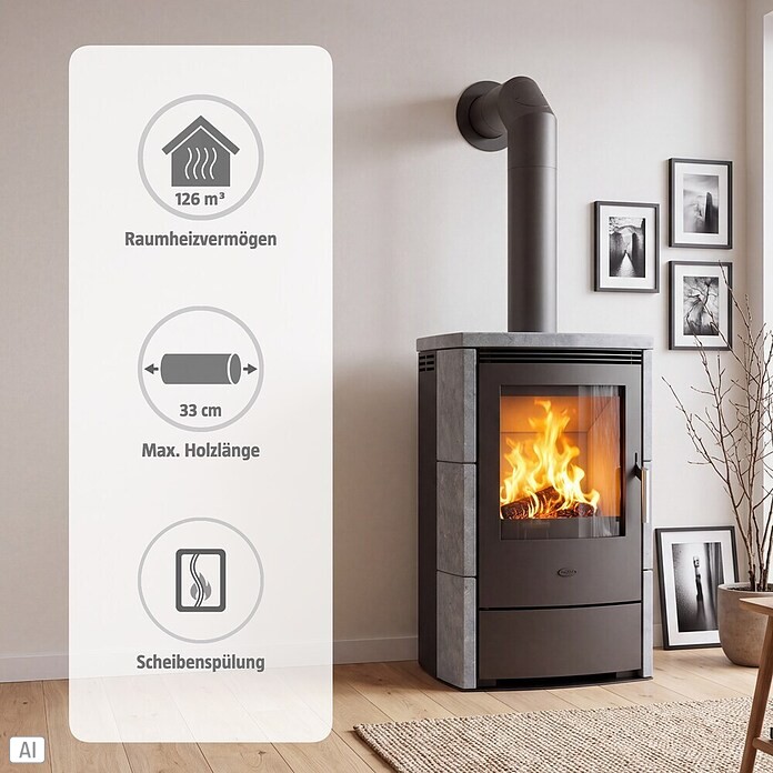 Fireplace Dauerbrandofen Meltemi (7 - 8 kW, Raumheizvermögen: 126 m³, Verkleidung: Speckstein, Gussgrau)