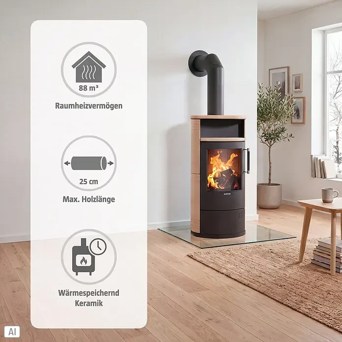 Justus Kaminofen Island 5 2.0 - 5 kW, Raumheizvermögen: 88 m³, Material Verkleidung: Keramik, Corretto/Schwarz - Moderner Kaminofen mit schwarzem Korpus und hellen Keramikseiten in Holzoptik, zeigt brennendes Feuer und wärmespeichernde Eigenschaften.