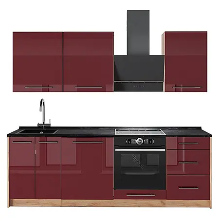 Vicco Küchenzeile Fame-Line, Bordeaux Hochglanz/Goldkraft Eiche, 230 cm