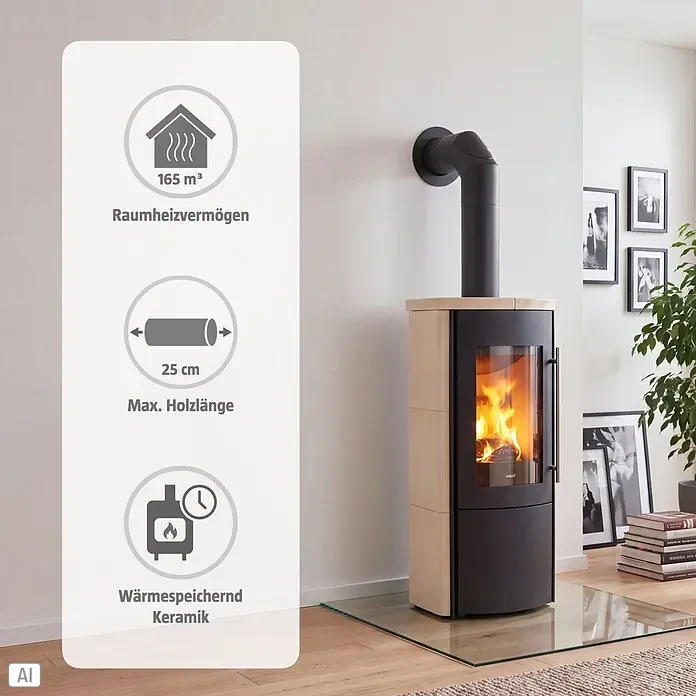 Hark Kaminofen Lova ECOplus - 6 kW, Raumheizvermögen: 165 m³, Material Verkleidung: Keramik, Creme - Moderner schwarzer Holzofen mit hellen Akzenten. Overlay zeigt 165 m³ Heizleistung, 25 cm max. Holzlänge und wärmespeichernde Keramik.
