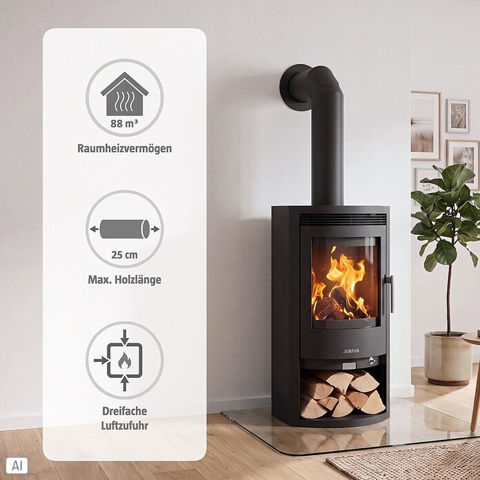 Justus Kaminofen Baltrum D 2.0 (5,5 kW, Raumheizvermögen: 88 m³, Material Verkleidung: Stahl, Schwarz) | BAUHAUS