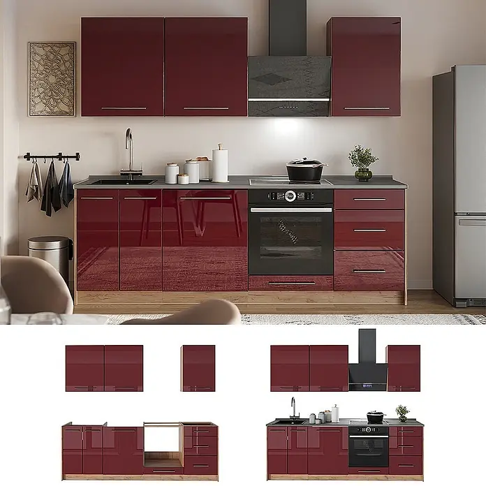 Vicco Küchenzeile Fame-Line, Bordeaux Hochglanz/Goldkraft Eiche, 230 cm -  - Modulare Küchenzeile mit hochglänzenden, dunkelroten Schränken und Holzoptik-Sockel, inklusive Spüle, Backofen und Kochfeld.