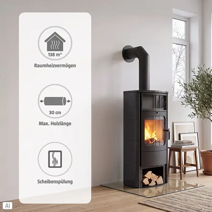 Hark Kaminofen Opera B Grande - 5 kW, Raumheizvermögen: 138 m³, Material Verkleidung: Keramik, Schwarz - Ein moderner schwarzer Kaminofen mit sichtbarem Feuer und Holzscheitablage in einem zeitgenössischen Wohnzimmer.