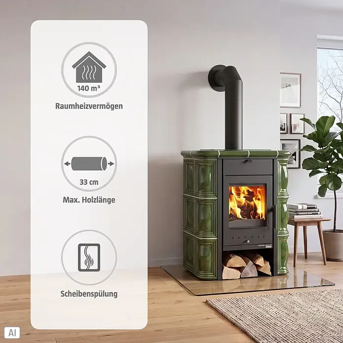 Haas+Sohn Kaminofen Tirol - 6 kW, Raumheizvermögen: 140 m³, Material Verkleidung: Keramik, Grün - Grüner Kaminofen mit Kacheln, brennendem Feuer, 140 m³ Heizleistung, 33 cm Holzlänge, Scheibenspülung.