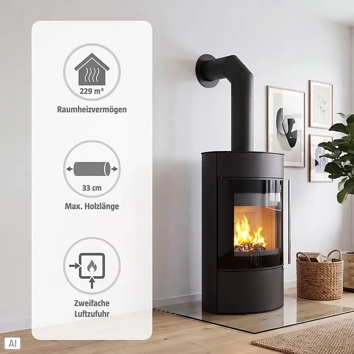 Kaminofen Elipso Max - 8 kW, Raumheizvermögen: 229 m³, Material Verkleidung: Stahl, Schwarz - Schwarzer Kaminofen in modernem Raum mit seitlicher Verglasung. Heizt bis 229m³ und fasst Holz bis 33cm.