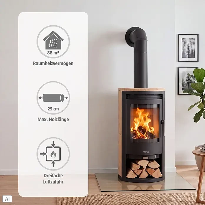 Justus Kaminofen Baltrum D 2.0 - 5,5 kW, Raumheizvermögen: 88 m³, Sandstein/Schwarz - Moderner schwarz-holzverkleideter Kaminofen mit brennendem Holz, gestapeltem Scheitholz und Hinweisen auf 88 m³ Heizleistung, 25 cm Holz und dreifache Luftzufuhr.