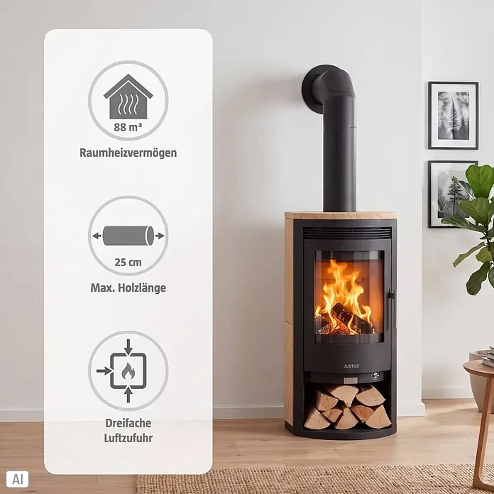 Justus Kaminofen Baltrum D 2.0 - 5,5 kW, Raumheizvermögen: 88 m³, Sandstein/Schwarz - Moderner schwarz-holzverkleideter Kaminofen mit brennendem Holz, gestapeltem Scheitholz und Hinweisen auf 88 m³ Heizleistung, 25 cm Holz und dreifache Luftzufuhr.