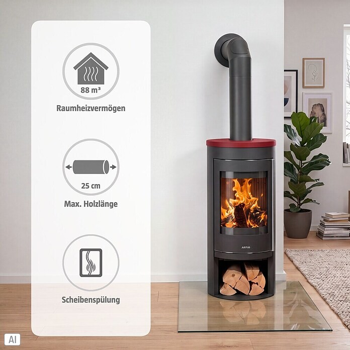 Justus Kaminofen Mino 2.0 (5 kW, Raumheizvermögen: 88 m³, Material Abdeckung: Keramik, Schwarz/Bordeaux)