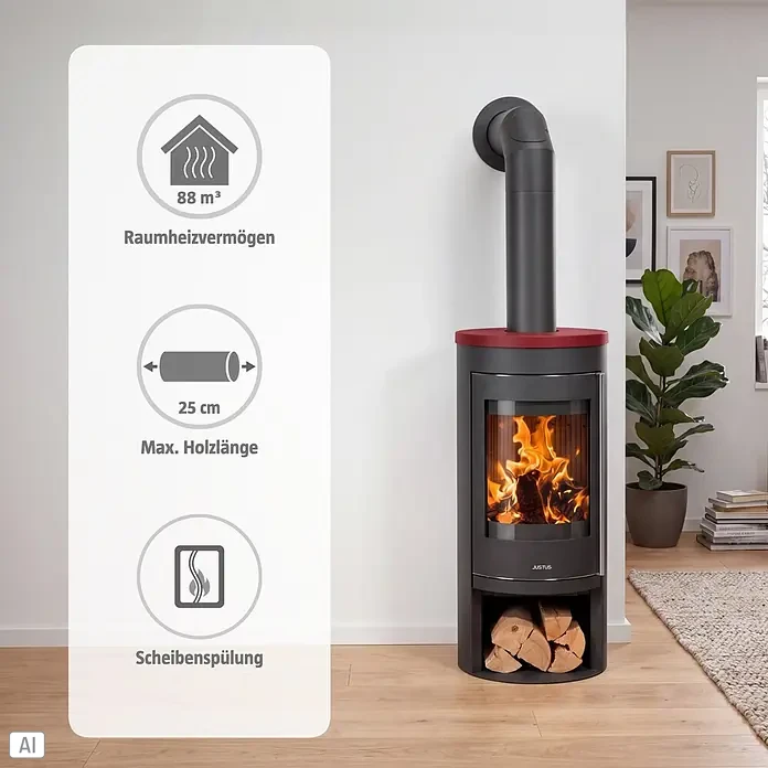 Justus Kaminofen Mino 2.0 - 5,5 kW, Raumheizvermögen: 88 m³, Farbe Verkleidung: Bordeauxrot, Schwarz - Dunkelgrauer Kaminofen mit rotem Akzent, brennendem Holz und Info zu Heizleistung, Holzgröße, Scheibenspülung.