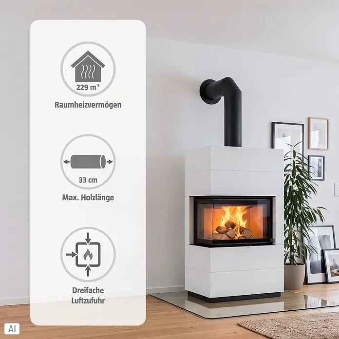 Kaminofen Integra Plus Line Links - 8 kW, Raumheizvermögen: 229 m³, Material Verkleidung: Stahl, Weiß - Weißer Kaminofen mit schwarzem Ofenrohr und brennendem Holz, daneben technische Daten wie Heizleistung und Holzscheitlänge.