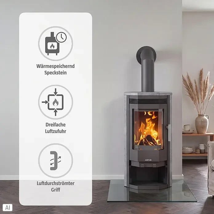 Justus Kaminofen Usedom 5 II - 5,5 kW, Raumheizvermögen: 88 m³, Material Verkleidung: Speckstein, Gussgrau/Speckstein - Moderner, grauer Kaminofen aus Speckstein mit sichtbaren Flammen im Wohnzimmer, wärmespeichernd und mit luftdurchströmem Griff.