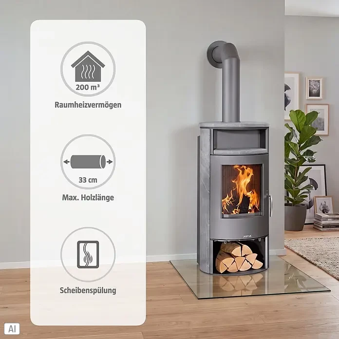 Justus Kaminofen Island Aqua - 10 kW, Raumheizvermögen: 200 m³, Material Verkleidung: Speckstein, Gussgrau - Moderner grauer Holzofen mit sichtbaren Flammen und Holzlager. Heizt bis zu 200 m³, nimmt Holz bis 33 cm auf, Scheibenspülung.