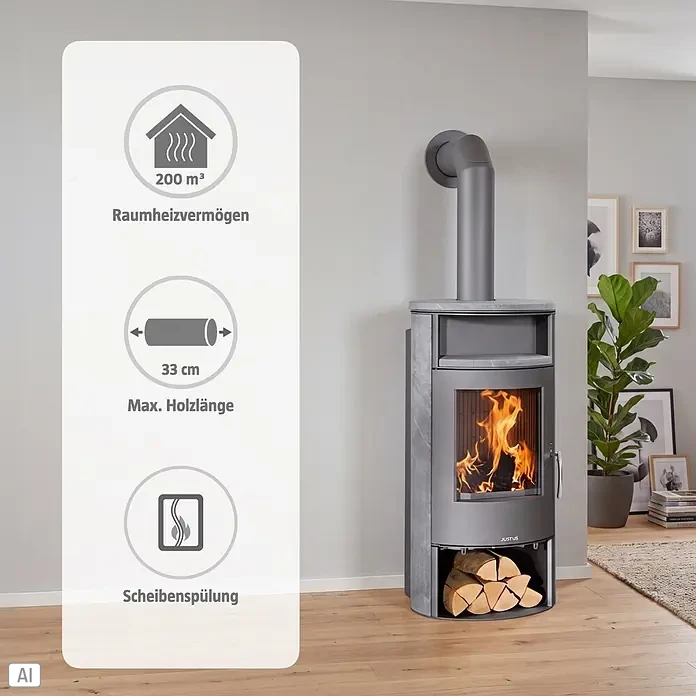 Justus Kaminofen Island Aqua - 10 kW, Raumheizvermögen: 200 m³, Material Verkleidung: Speckstein, Gussgrau - Moderner grauer Holzofen mit sichtbaren Flammen und Holzlager. Heizt bis zu 200 m³, nimmt Holz bis 33 cm auf, Scheibenspülung.