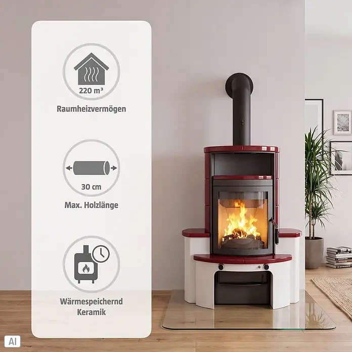 Hark Kaminofen Avenso GT ECOplus - 8 kW, Raumheizvermögen: 220 m³, Material Verkleidung: Keramik, Bordeaux - Ein moderner, rot-weißer Keramik-Kaminofen mit brennendem Feuer im Wohnzimmer.