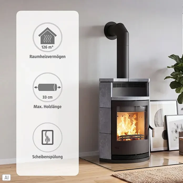 Fireplace Kaminofen Lyon - 8 kW, Raumheizvermögen: 126 m³, Material Verkleidung: Speckstein, Schwarz - Moderner Holzofen mit grauer Steinverkleidung und schwarzem Rauchrohr, zeigt brennendes Holz und Hauptmerkmale.