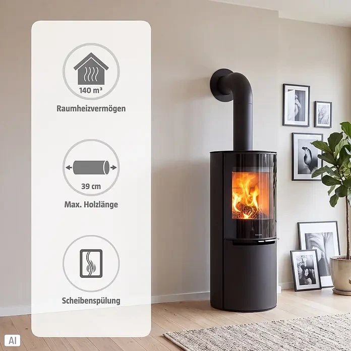 Aduro Kaminofen 9.8 Lux - 8 kW, Raumheizvermögen: 140 m³, Material Verkleidung: Stahl, Schwarz - Ein moderner schwarzer Kaminofen mit sichtbarem Feuer, 140 m³ Heizleistung, max. Holzlänge 39 cm und Scheibenspülung.