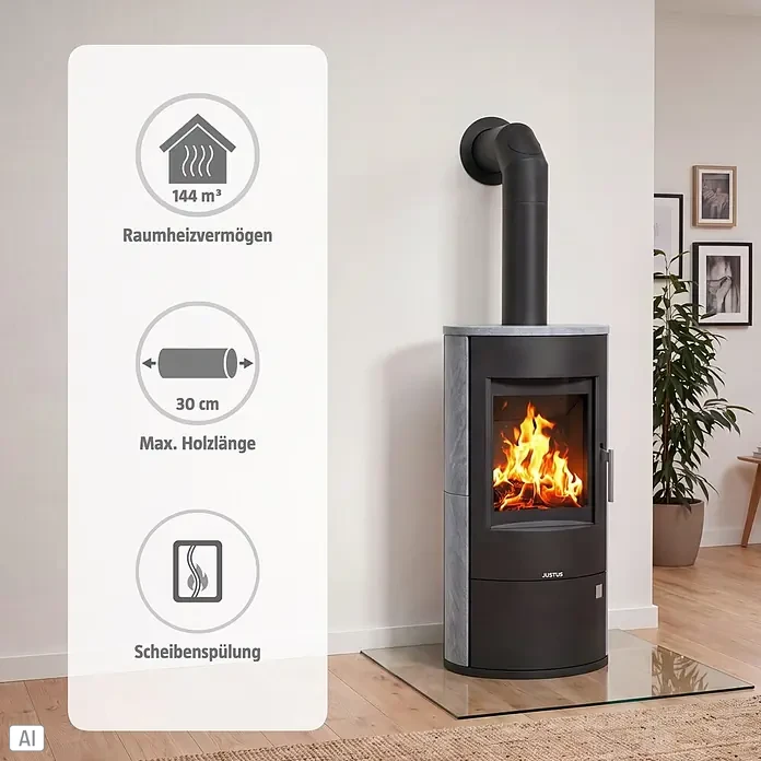 Justus Kaminofen Austin 7 - 7 kW, Raumheizvermögen: 144 m³, Material Verkleidung: Speckstein, Schwarz/Speckstein - Dunkelgrauer Kaminofen mit steinähnlichen Verkleidungen und schwarzem Ofenrohr, Feuer sichtbar. Merkmale: 144 m³ Raumheizvermögen, 30 cm max. Holzlänge, Scheibenspülung.