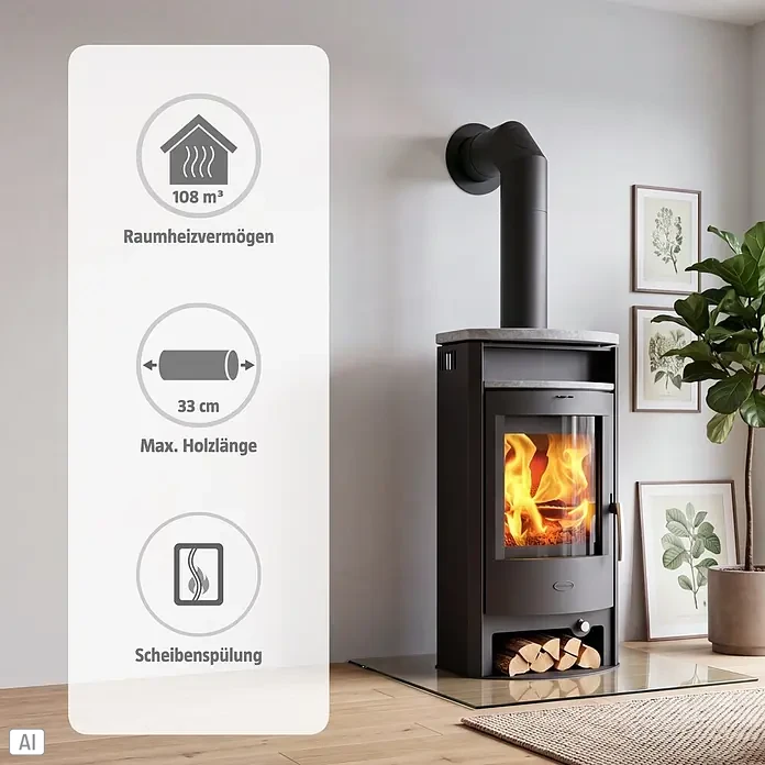 Fireplace Kaminofen Burma - 6 kW, Raumheizvermögen: 108 m³, Material Verkleidung: Speckstein, Schwarz - Dunkelgrauer Kaminofen mit brennendem Feuer, zeigt 108 m³ Heizleistung, max. 33 cm Holzlänge und Scheibenspülung.