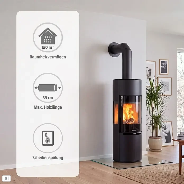 Aduro Kaminofen 9.7 Lux - 8 kW, Raumheizvermögen: 150 m³, Material Verkleidung: Stahl, Schwarz - Schwarzer Kaminofen mit Glasfront und sichtbaren Flammen in einem modernen Wohnzimmer.