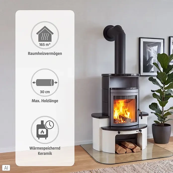 Hark Kaminofen Avenso GT ECOplus - 6 kW, Raumheizvermögen: 165 m³, Material Verkleidung: Keramik, Meteor-Schwarz - Schwarzer und weißer Kaminofen mit wärmespeichernder Keramik, brennendem Holz, heizt bis zu 165m³ und fasst max. 30cm Holzscheite.