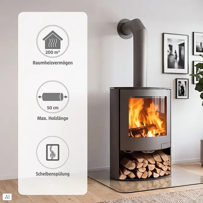 Panadero Kaminofen Tahoe - 6,7 kW, Raumheizvermögen: 200 m³, Material Verkleidung: Stahl, Schwarz Metallic - Dunkelgrauer Kaminofen mit sichtbarem Feuer und Holzscheiten darunter, in einem modernen Raum mit Ofenrohr.
