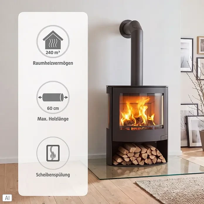 Panadero Kaminofen Iris Eco - 7,8 kW, Raumheizvermögen: 240 m³, Schwarz - Dunkler Kaminofen mit Feuer, gelagertem Holz und Info-Overlay: Heizleistung (240 m³), max. Holzlänge (60 cm), Scheibenspülung.
