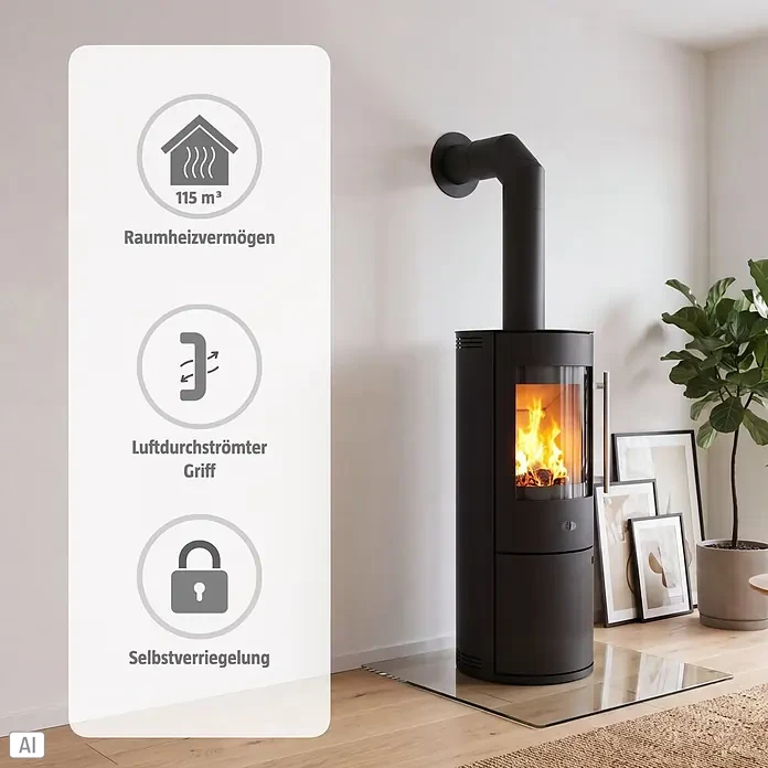 Kaminofen Lugano - 6 kW, Raumheizvermögen: 115 m³, Material Verkleidung: Stahl, Schwarz - Moderner schwarzer Kaminofen mit sichtbarem Feuer. Merkmale: 115 m³ Heizleistung, luftdurchströmter Griff und Selbstverriegelung.