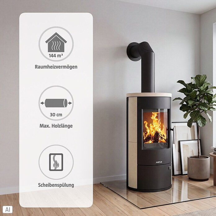 Justus Kaminofen Austin 7 (7 kW, Raumheizvermögen: 144 m³, Verkleidung: Kalkstein, Cream/Schwarz)