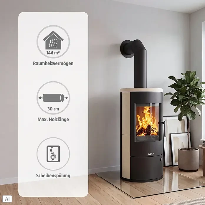Justus Kaminofen Austin 7 - 7 kW, Raumheizvermögen: 144 m³, Material Verkleidung: Kalkstein, Cream/Schwarz - Moderner Kaminofen in Schwarz mit hellen Holzpaneelen, sichtbarem Feuer und schwarzem Ofenrohr.