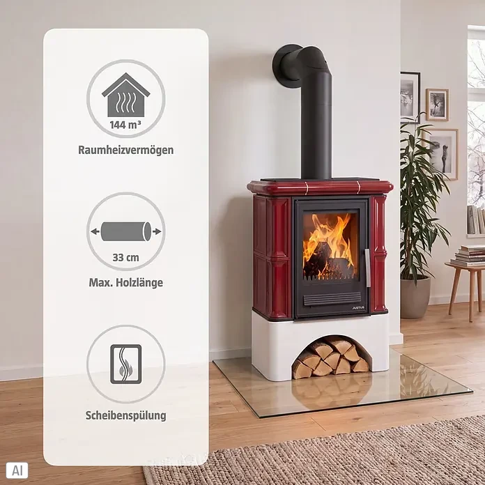 Justus Kaminofen Bavaria - 7 kW, Raumheizvermögen: 144 m³, Material Verkleidung: Keramik, Bordeaux - Roter und weißer Holzofen mit schwarzem Rauchrohr, Flammen sichtbar und Holzscheite im Sockel gelagert, in einem Raum mit Holzboden.