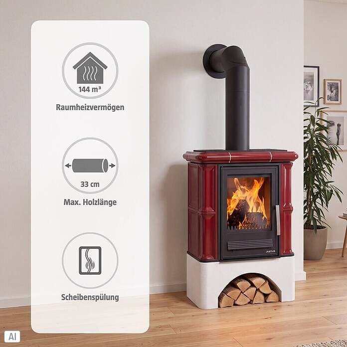 Justus Kachelkamin Bavaria (7 kW, Raumheizvermögen: 144 m³, Verkleidung: Keramik, Bordeaux)