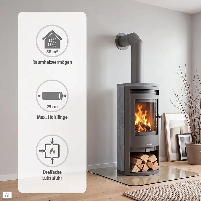Justus Kaminofen Baltrum D 2.0 - 5,5 kW, Raumheizvermögen: 88 m³, Gussgrau - Moderner grauer Kaminofen mit Steinverkleidung, brennendem Feuer und Infografiken im Raum.