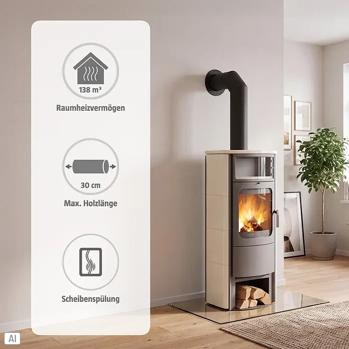 Hark Kaminofen Opera B Grande - 5 kW, Raumheizvermögen: 138 m³, Material Verkleidung: Keramik, Creme/Weiß - Moderner Kaminofen in Creme und Grau, mit sichtbaren Flammen und integriertem Holzlager. Technische Daten werden links angezeigt.