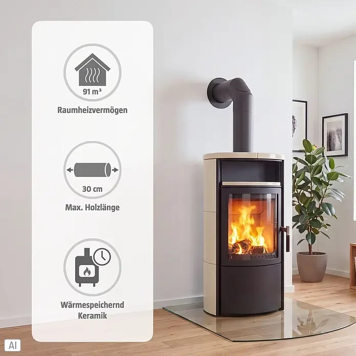 Hark Kaminofen VITO WW GT ECOPLUS - 8 kW, Raumheizvermögen: 91 m³, Material Verkleidung: Keramik, Creme - Kaminofen aus beiger Keramik mit Wärmespeicherfunktion, heizt bis zu 91 m³ mit max. 30 cm Holz. Feuer brennt im Wohnzimmer.