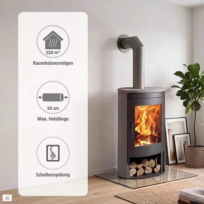 Panadero Kaminofen Oval 3 Stones Eco - 8,7 kW, Raumheizvermögen: 220 m³, Schwarz - Moderner grauer Kaminofen mit sichtbaren Flammen, Holzfach und Rauchrohr, heizt bis zu 220 m³ mit 50 cm max. Holzlänge.