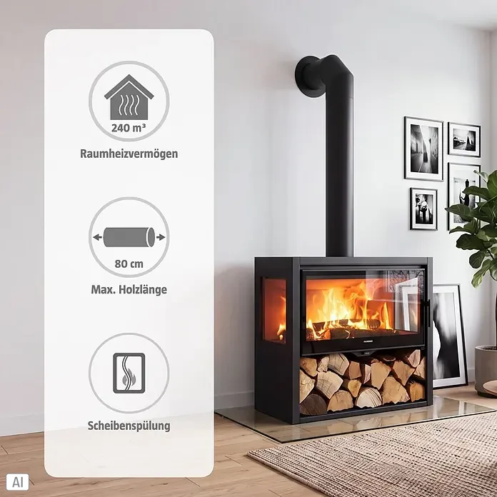 Panadero Kaminofen Allegro 3V Ecodesign - 8,9 kW, Raumheizvermögen: 240 m³, Schwarz Metallic - Schwarzer Kaminofen mit sichtbarem Feuer, Holzlager und Rauchrohr, hebt 240 m³ Heizleistung, 80 cm max. Holzlänge und Scheibenspülung hervor.