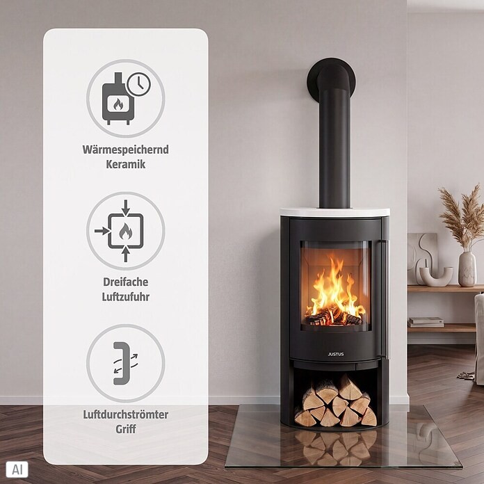 Justus Kaminofen Mino 2.0 (5 kW, Raumheizvermögen: 88 m³, Material Abdeckung: Keramik, Schwarz/Weiß)